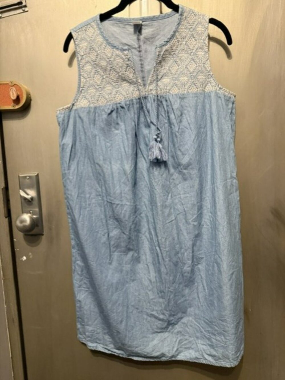 Retro Boho Denim chambray Embroidered shift mini dress